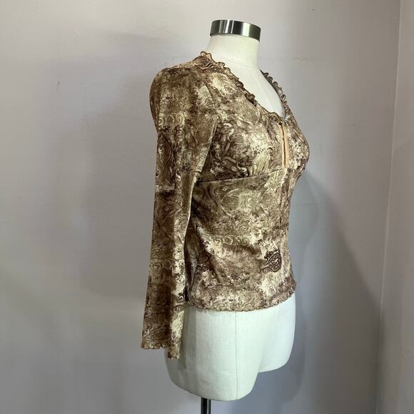 Y2K 90s Women's Cream Tan Fitted Ruffle Collar Bratz Boho Mesh Blouse Sz Large - Picture 3 of 10